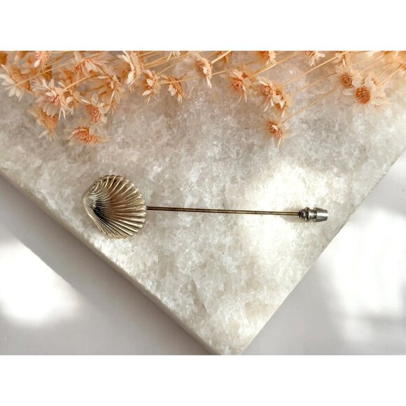 Scalloped Seashell Sterling Silver Vintage Stick Pin | Hat Pin | Scarf Pin - Picture 2 of 9